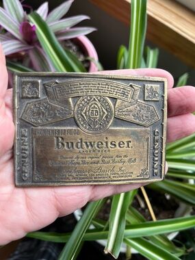 Vtg 1980s Budweiser Beer Label Brass Tone Metal Large Belt Buckle 2.5” X 3.5”